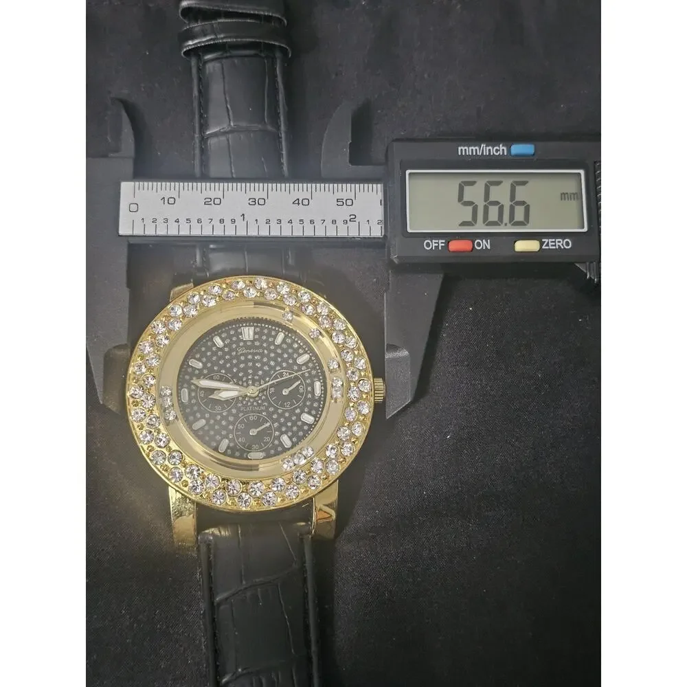 56.6mm gold tonecrystal bezel Fashion Analog Quartz watch w/Genuine Leather Band